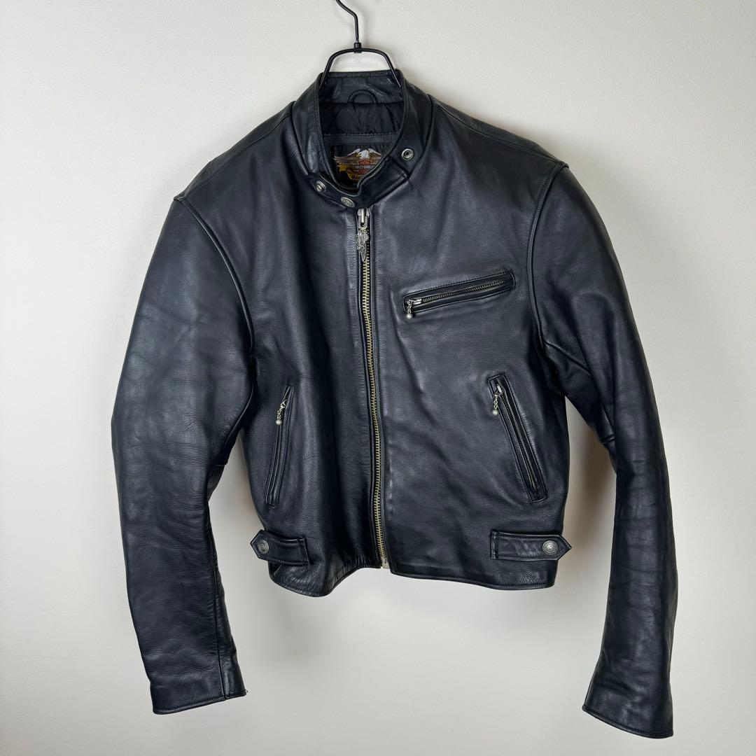 ハーレーダビッドソン　レザー　シングルライダース　スカル刺繍ワッペン　L　黒