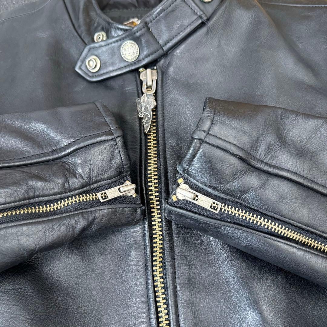 ハーレーダビッドソン　レザー　シングルライダース　スカル刺繍ワッペン　L　黒