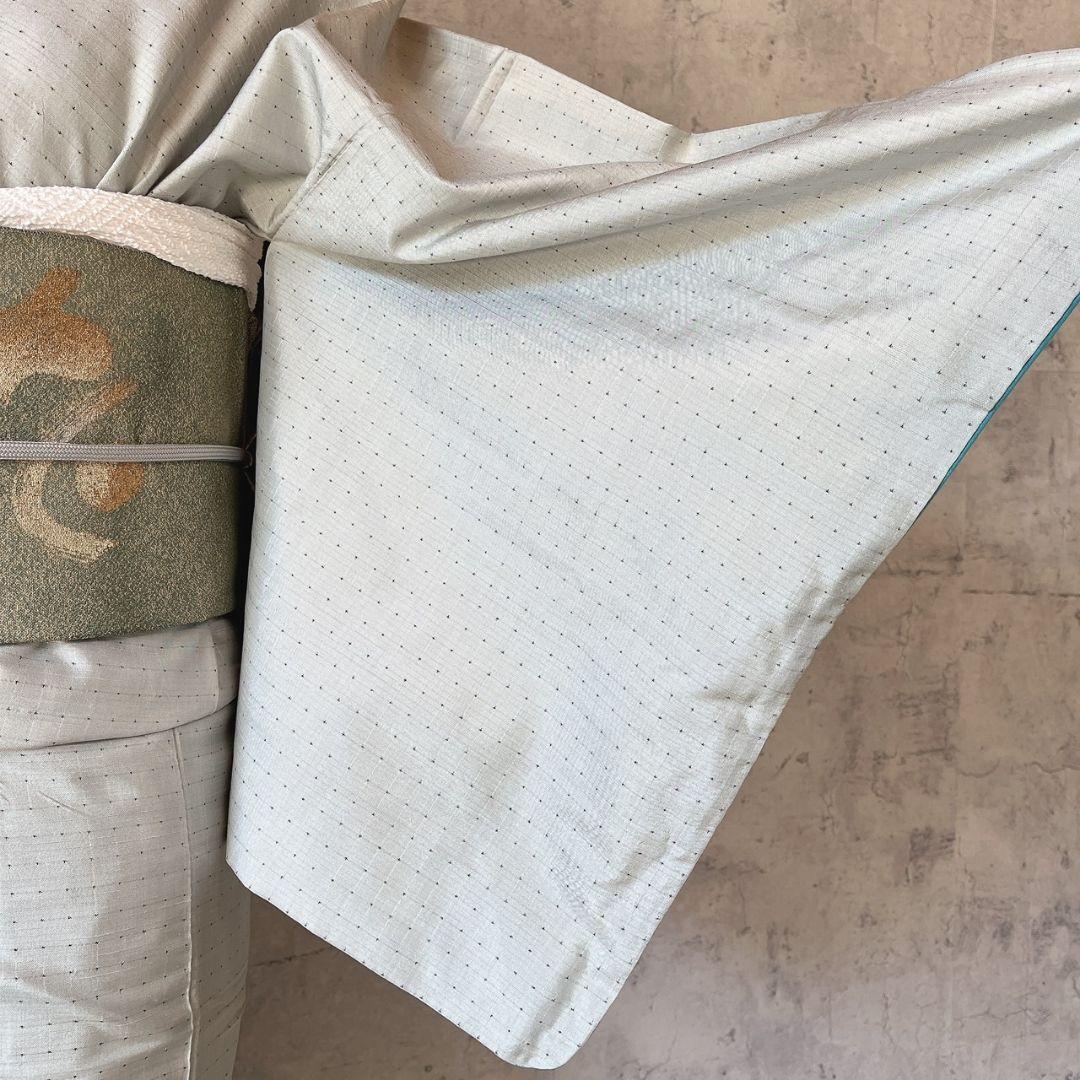 紬　小紋　着物　フルセット　帯漢字　薄いブルーグレー　F7