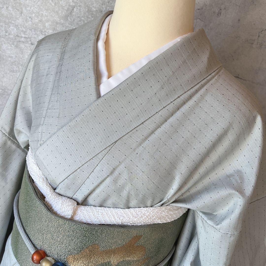 紬　小紋　着物　フルセット　帯漢字　薄いブルーグレー　F7