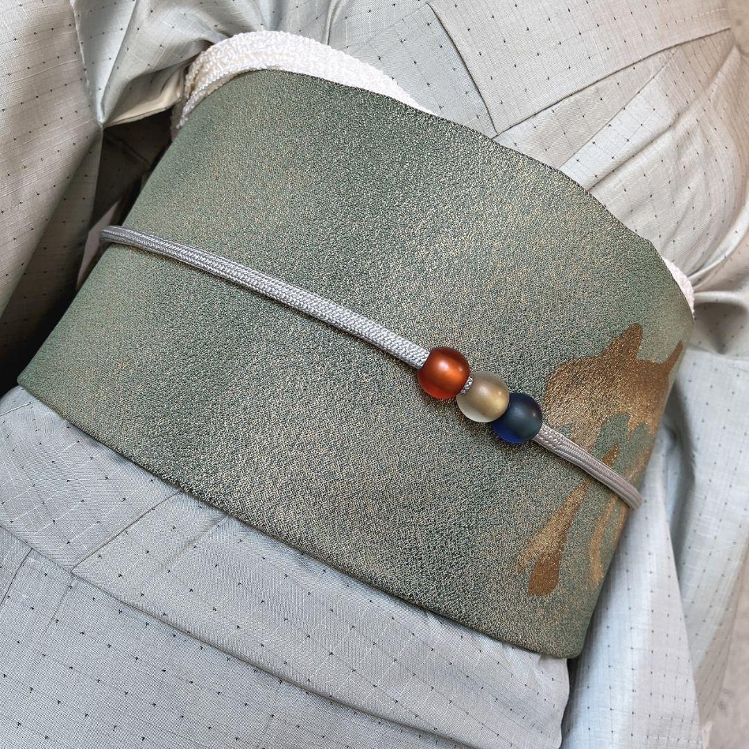 紬　小紋　着物　フルセット　帯漢字　薄いブルーグレー　F7