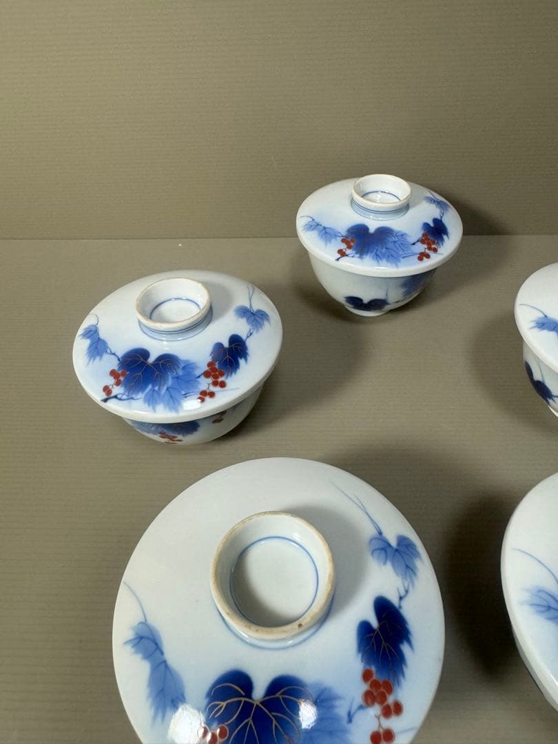 2210 有田焼 芳祥堂特製　葡萄瑠璃　湯呑蓋付　5客