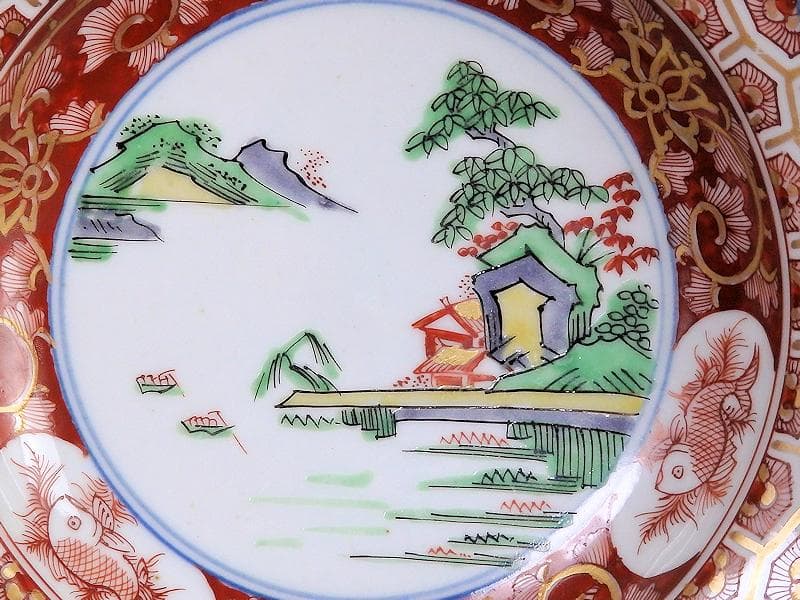 大聖寺伊万里　亀甲紋に金唐草　山水紋の図　５寸皿　５枚　E077AS-CRi