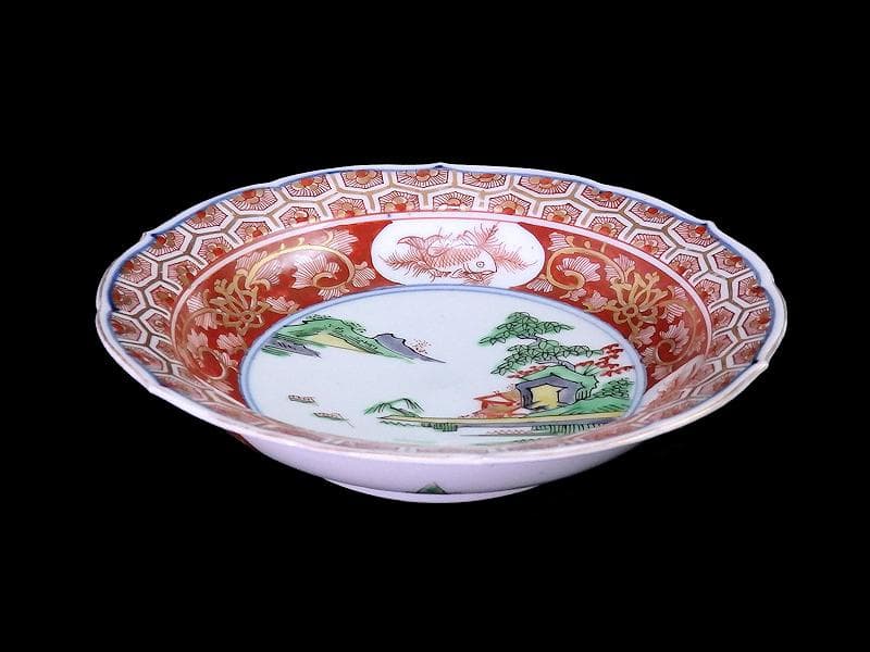 大聖寺伊万里　亀甲紋に金唐草　山水紋の図　５寸皿　５枚　E077AS-CRi