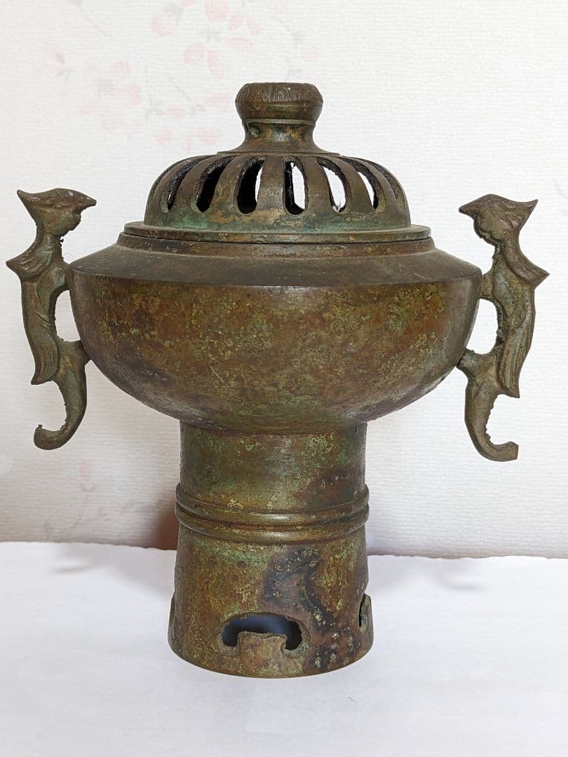 ♦中国古玩 銅製 透かし彫り鳳凰双耳香炉 アンティーク 骨董品コレクション