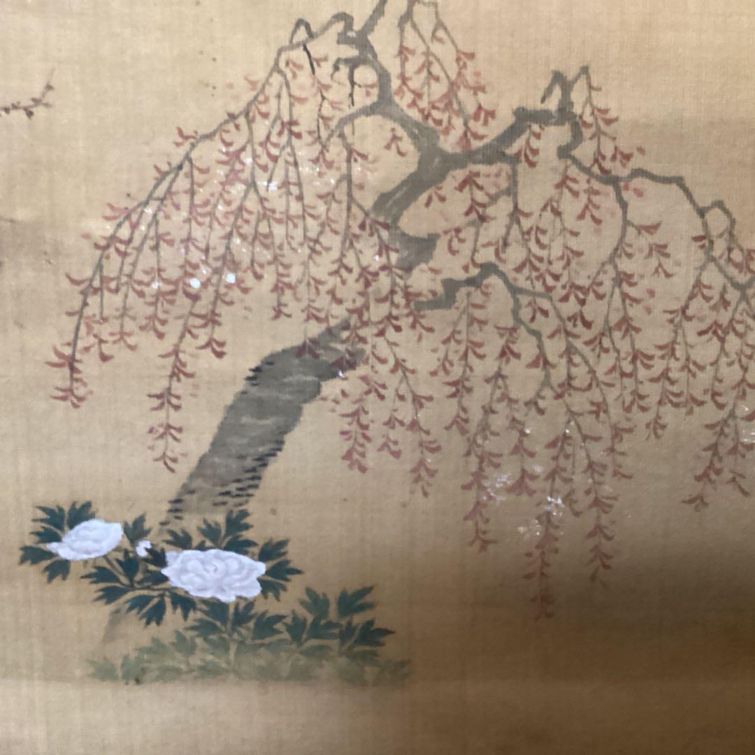 土佐派画紙本【朗詠集祝之詩意】不老門、長生殿之図　掛軸一幅　軸先良品　438