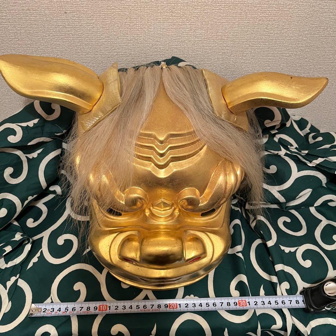 【希少】　獅子舞　獅子頭　金箔　木彫　魔除け　金彩　古美術　木製 木彫 お祭り
