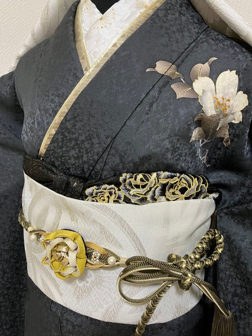 くすんだ黒 墨色 正絹振袖 全て揃ったフルセット M～トール