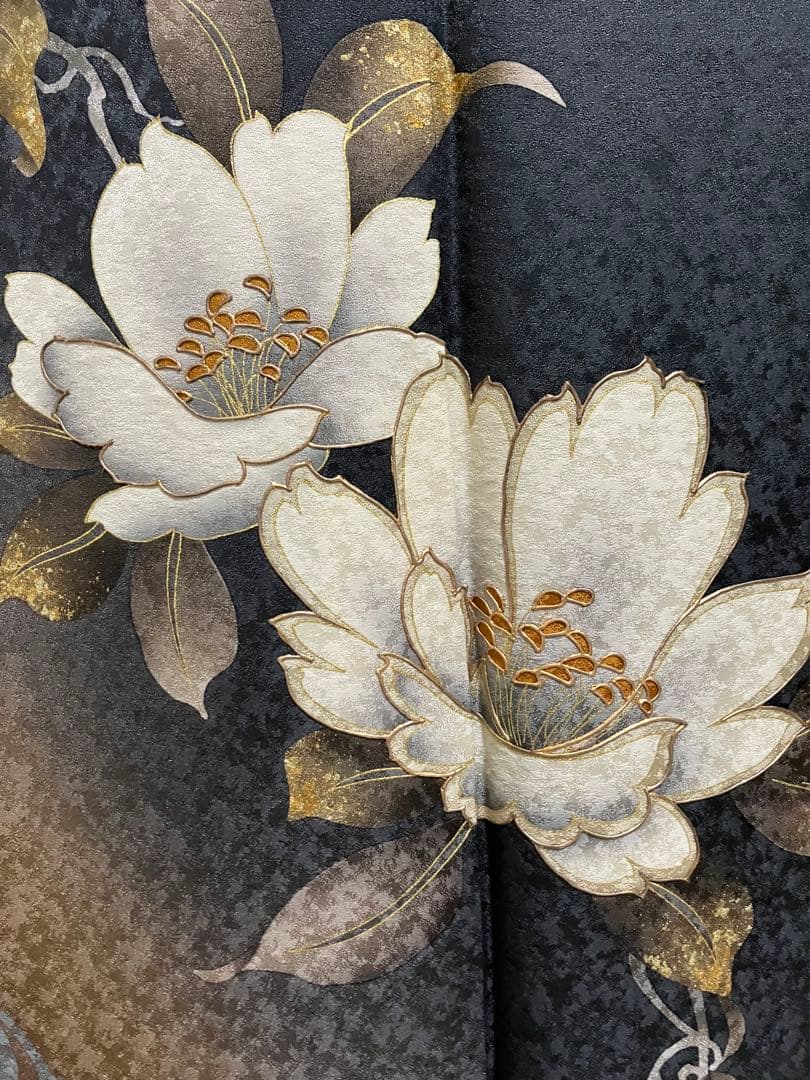 くすんだ黒 墨色 正絹振袖 全て揃ったフルセット M～トール