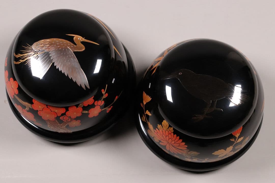 M937 輪島塗 柿木章作 四君子鷺烏蒔絵 碁器一対 木製 黒塗 内梨地 共箱