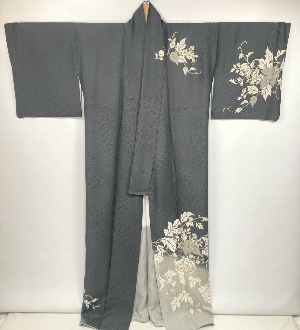 京友禅 金駒刺繍 トールサイズ 金彩 唐花 訪問着 袷 黒 グレー 白 1387