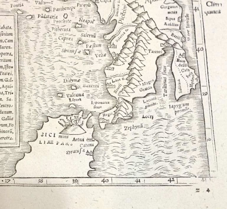 お値下げ　額装品　古地図　1571年　木版画　S.ミュンスター「イタリア全図」