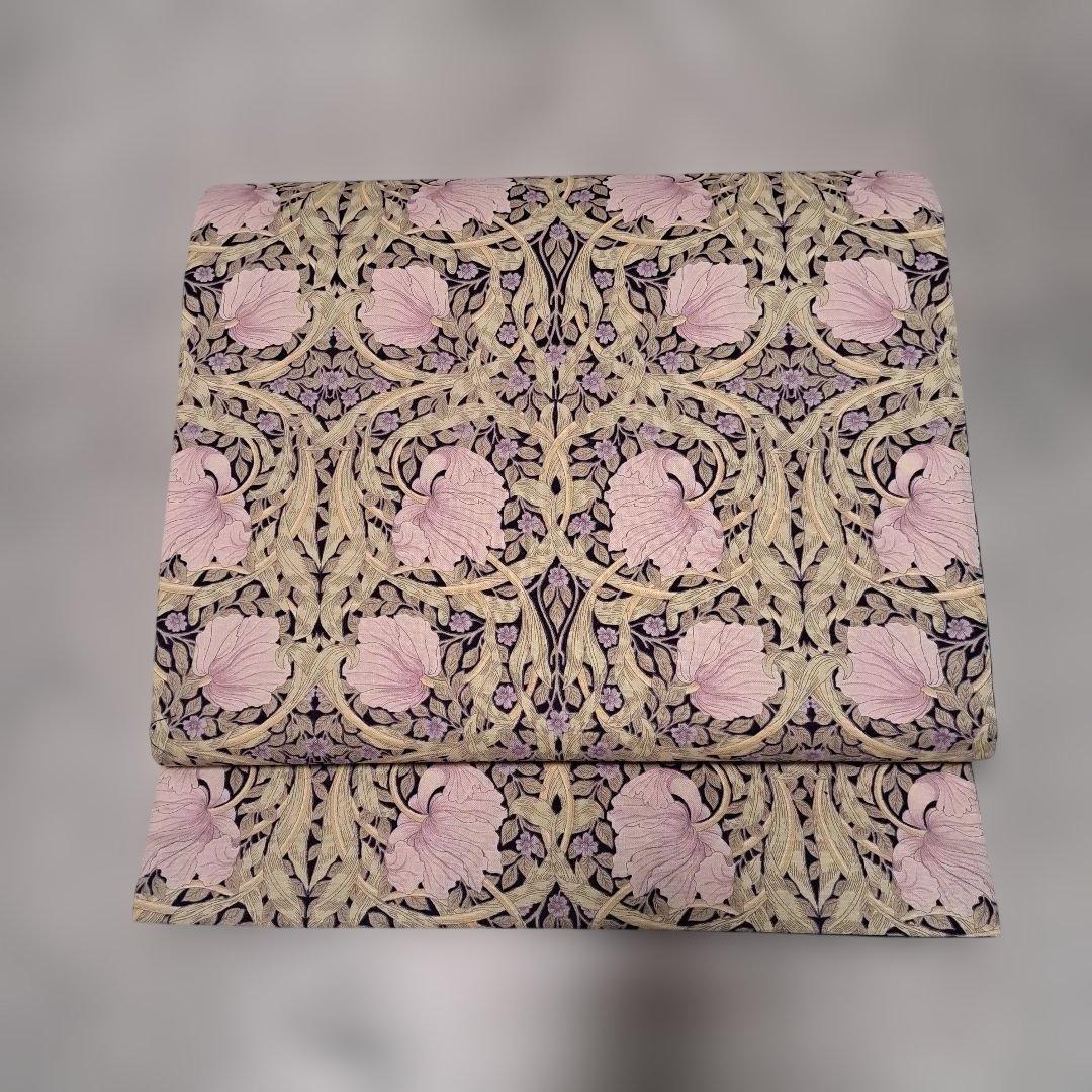 開き名古屋帯　ウィリアムモリス　ピンパーネル×正絹紬　米沢織