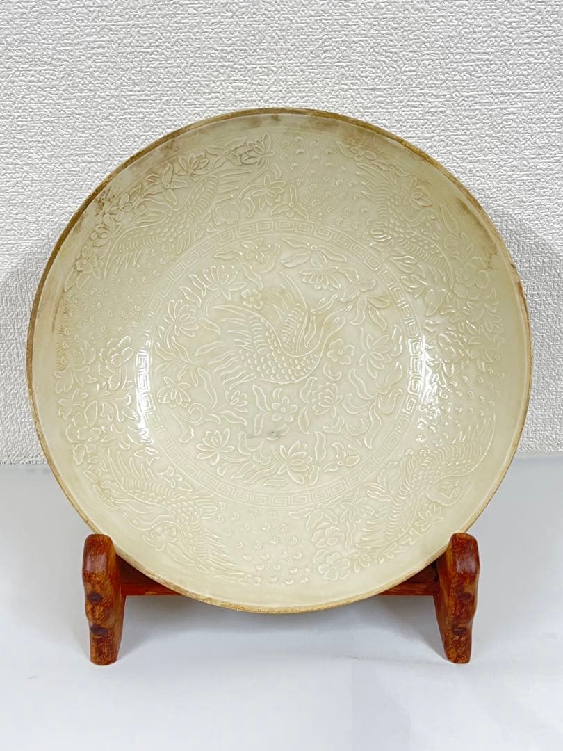 中国古美術　宋時代定窯白磁花卉•鶴紋皿；BL1-7