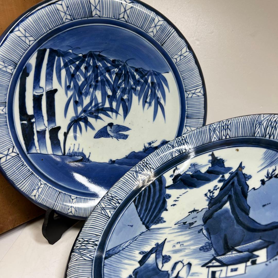古伊万里　上手染付大皿2枚　木箱付　直径約37㎝　東Y7-0626②タニチ