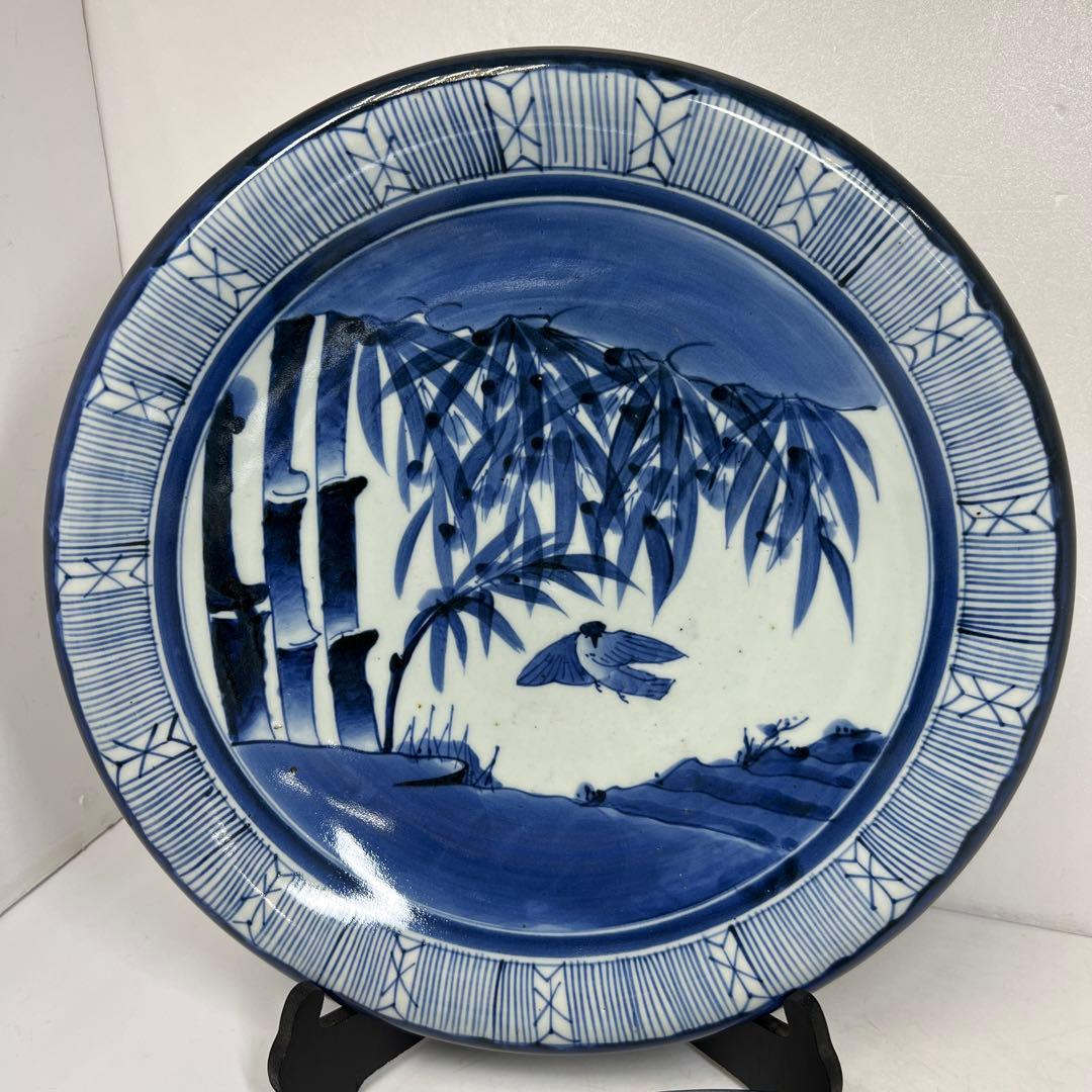 古伊万里　上手染付大皿2枚　木箱付　直径約37㎝　東Y7-0626②タニチ