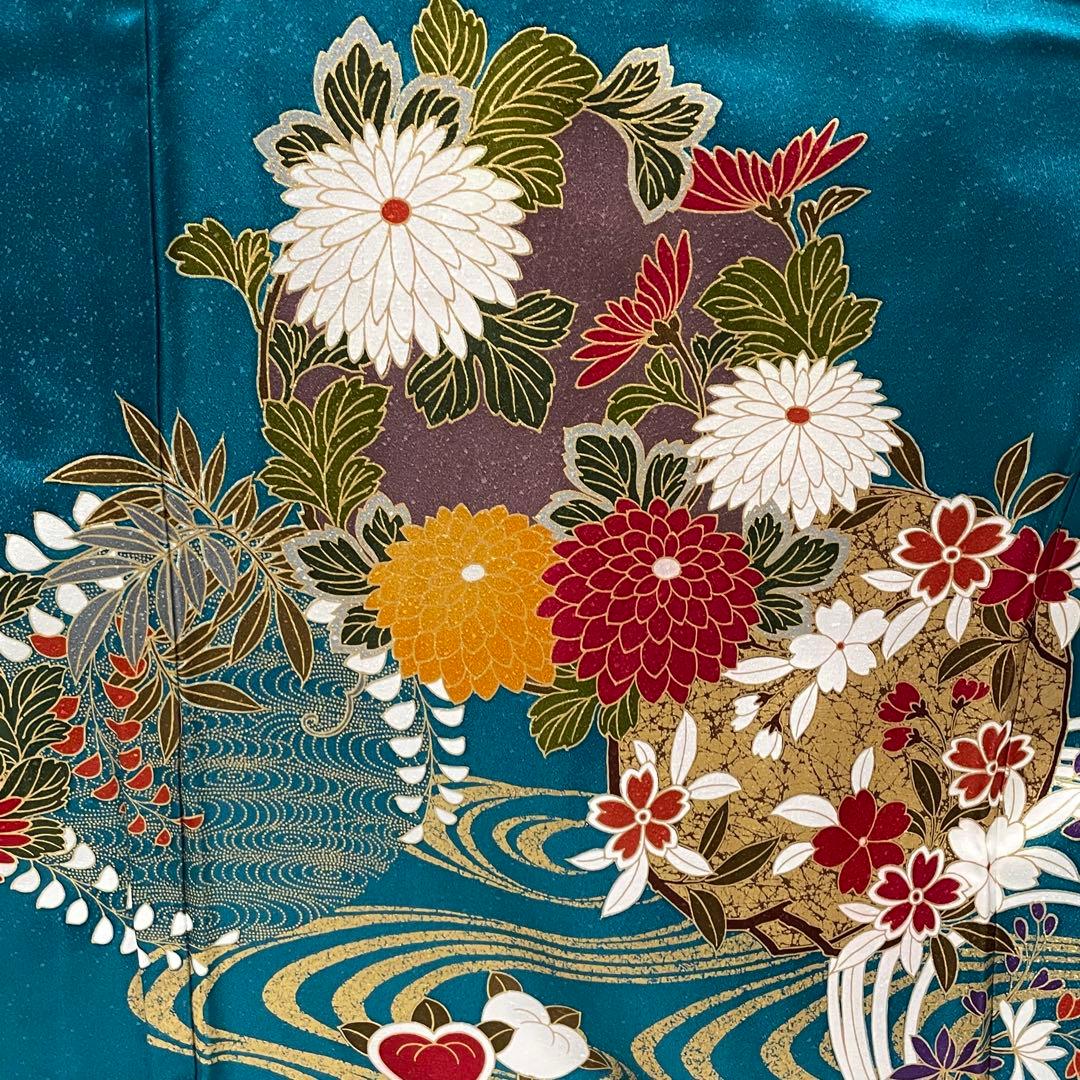 D770 振袖　花模様　流水　金彩　正絹　着物　袷　極美品