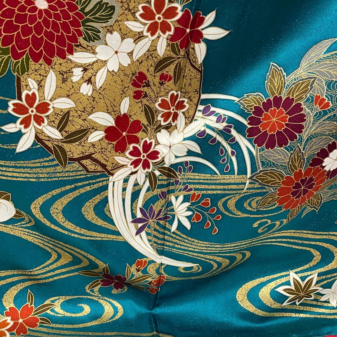 D770 振袖　花模様　流水　金彩　正絹　着物　袷　極美品
