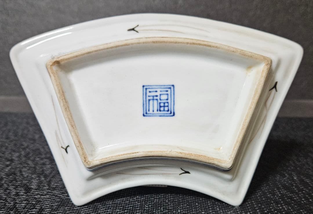 江戸時代末期～明治時代　江戸前期　古九谷写し　色絵　扇面形　松竹梅に鳥の図　皿