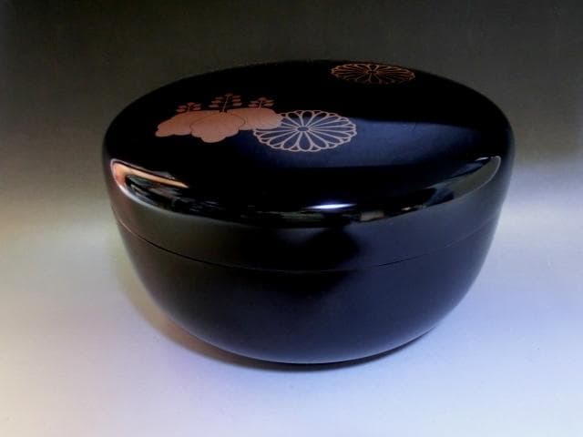 喰籠■輪島塗食籠 蒔絵「玉峰」塗師「都峰」髙台寺蒔絵 黒塗り漆器 丸型菓子器■