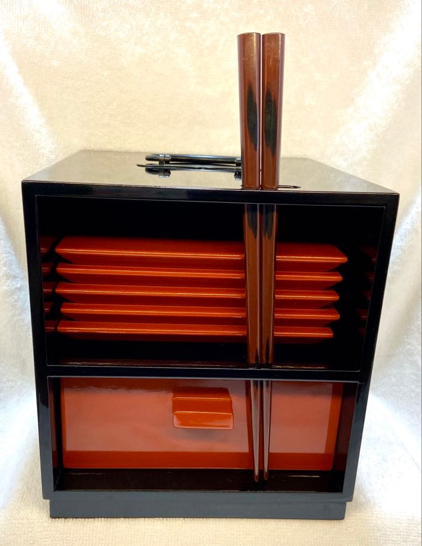 茶道具 漆器 手提げ 菓子器揃 銘々皿 黒と朱【匿名配送】