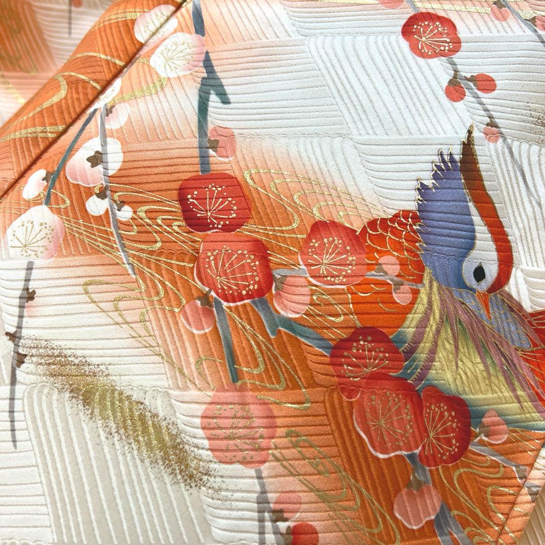 342 振袖フルセット 正絹 オフホワイト 白 橙 赤 金彩 暈し染め 長身さん