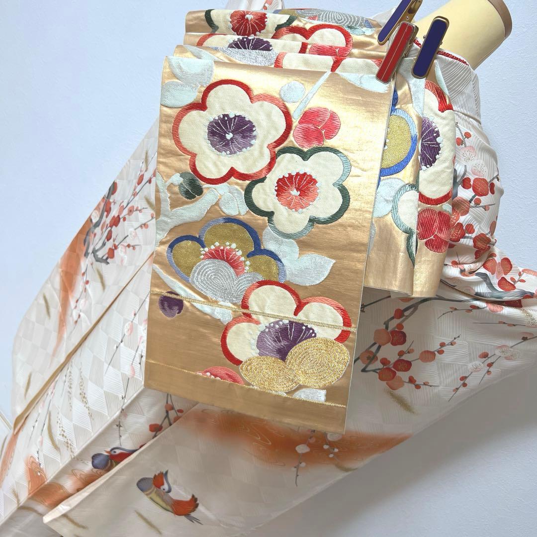 342 振袖フルセット 正絹 オフホワイト 白 橙 赤 金彩 暈し染め 長身さん