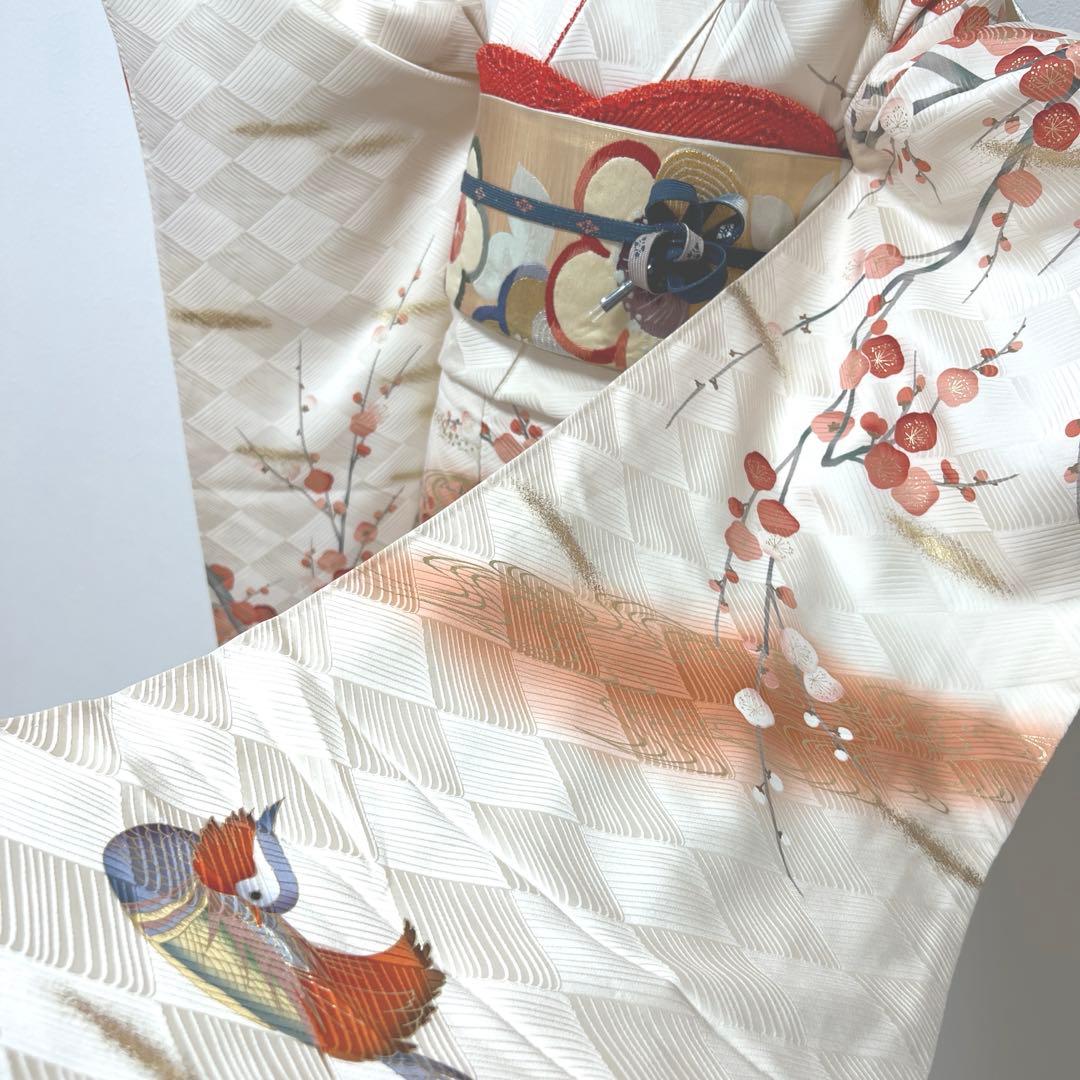 342 振袖フルセット 正絹 オフホワイト 白 橙 赤 金彩 暈し染め 長身さん