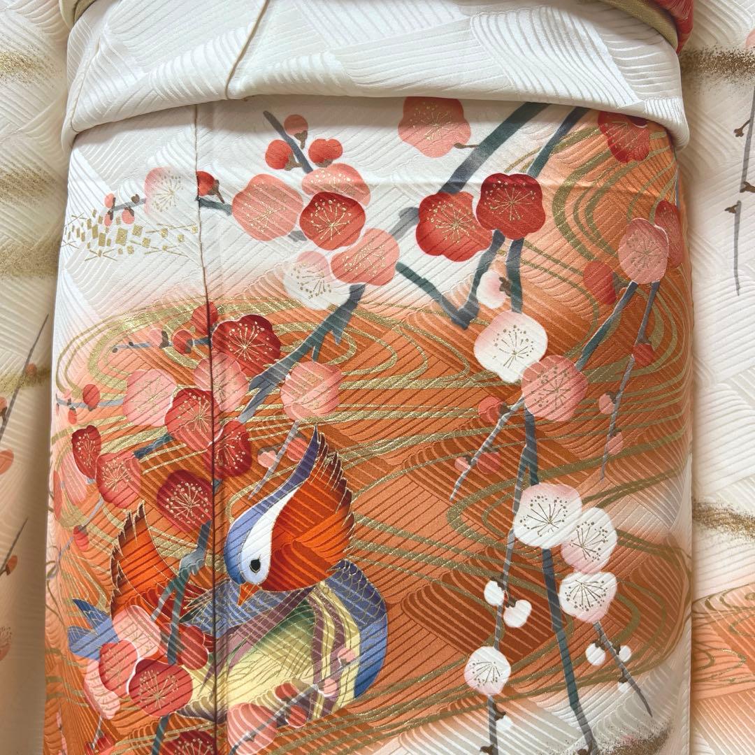 342 振袖フルセット 正絹 オフホワイト 白 橙 赤 金彩 暈し染め 長身さん