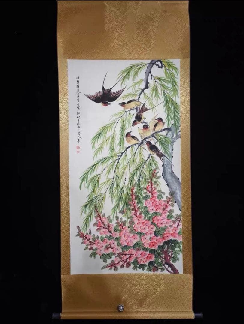 中国近代 花鳥画 掛け軸｜陳半丁 花鳥図・柳に小鳥 春景｜大幅 中堂 和室 茶室