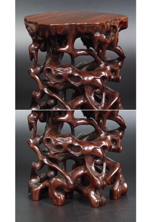 送料無料 古い透かし彫り唐木花台