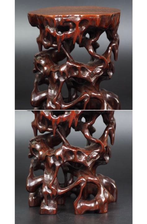 送料無料 古い透かし彫り唐木花台