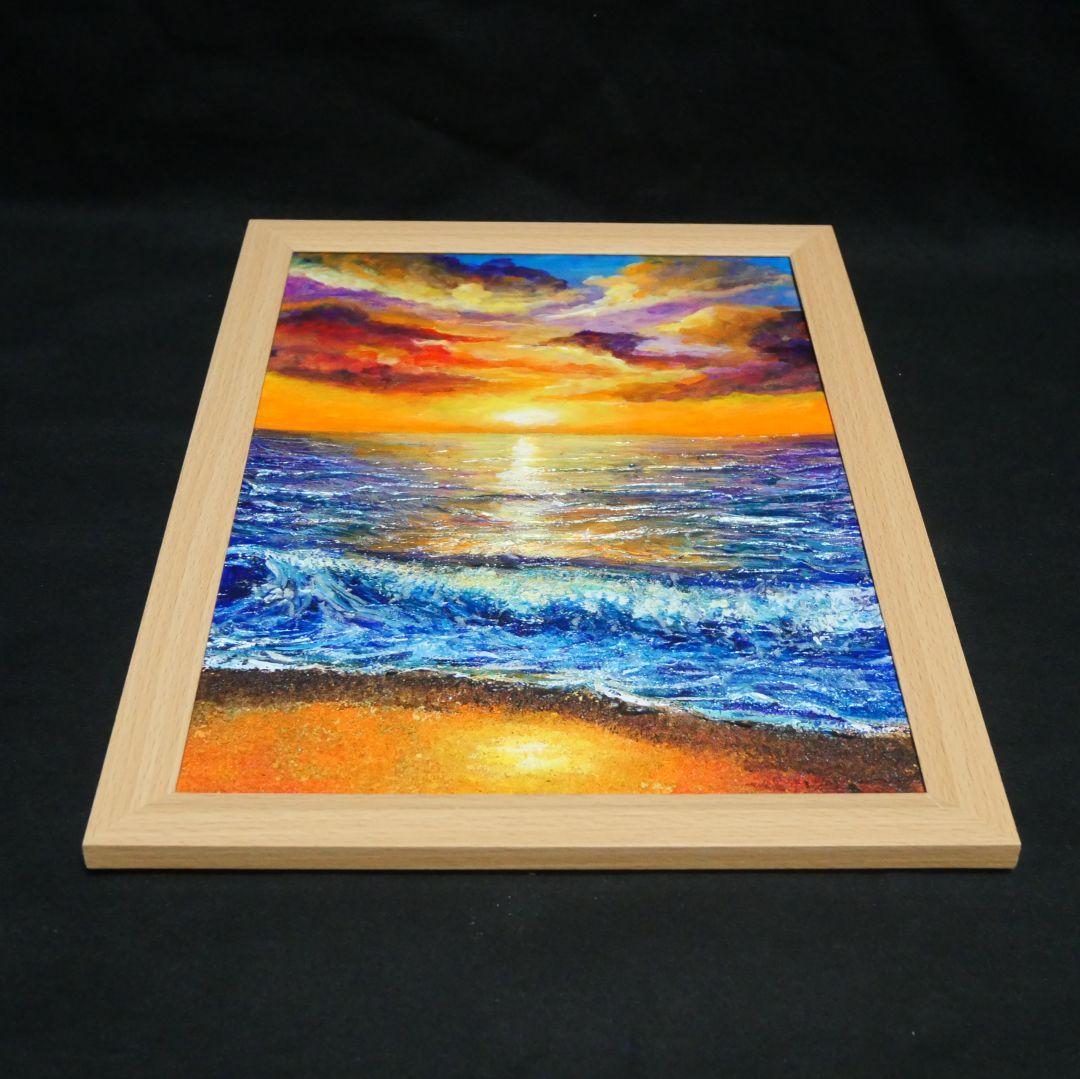 油絵 油彩 油彩画 絵 絵画 【水平線に沈む夕日】A4