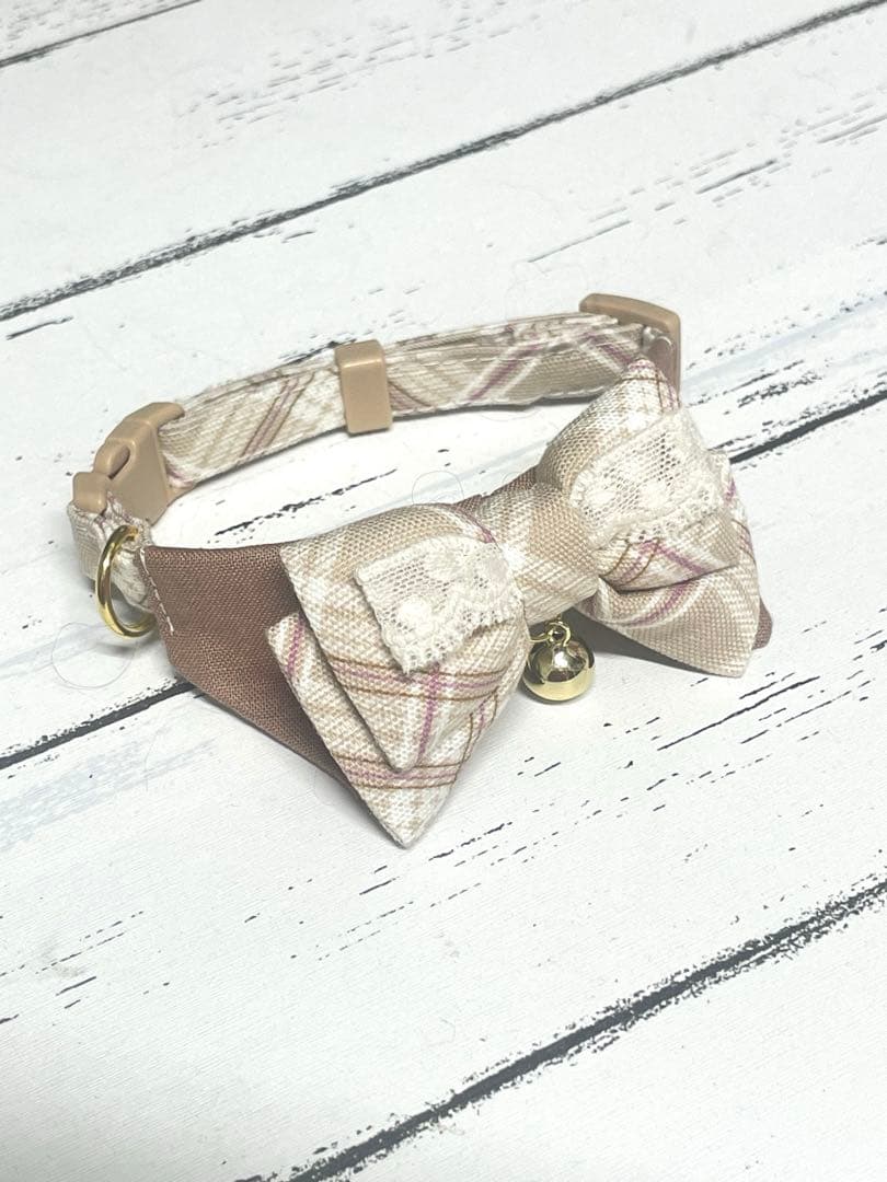 襟付きWリボン ♡猫ちゃん首輪♡ ベージュ