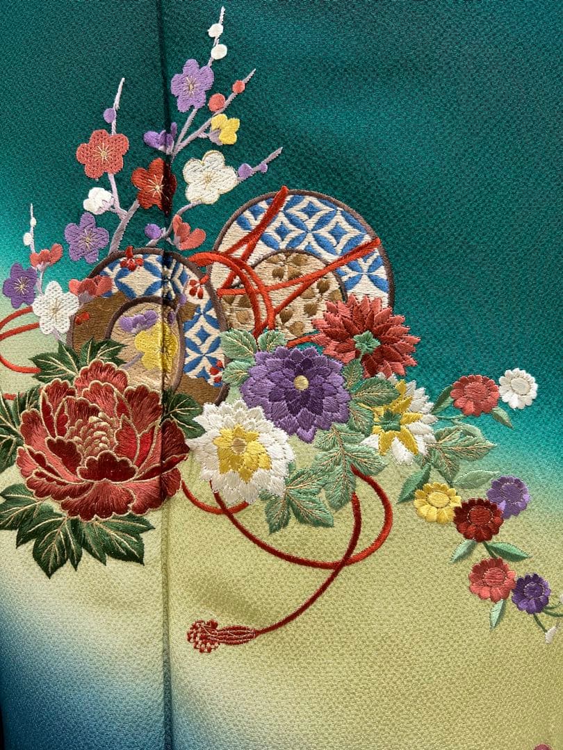 振り袖　フルセット　長襦袢付　緑　成人式　パーティー　刺繍入り　長尺袋帯　730