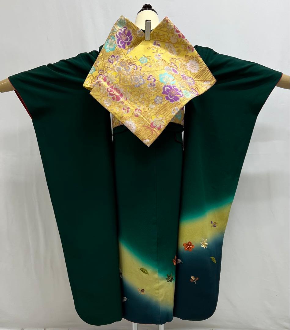 振り袖　フルセット　長襦袢付　緑　成人式　パーティー　刺繍入り　長尺袋帯　730