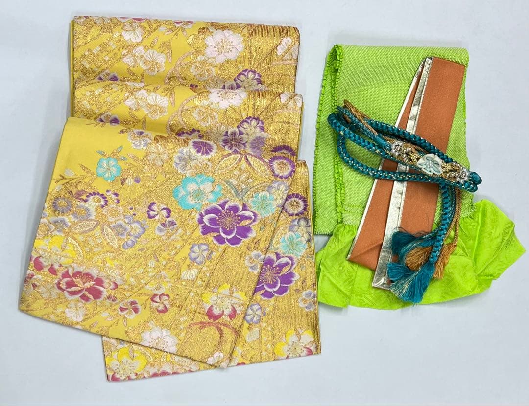 振り袖　フルセット　長襦袢付　緑　成人式　パーティー　刺繍入り　長尺袋帯　730