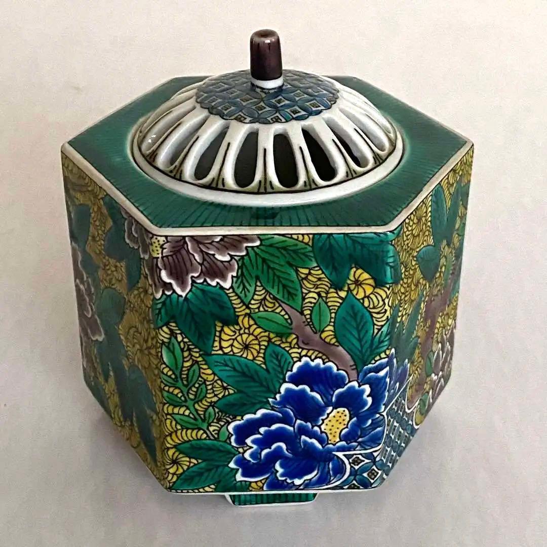 香道具　六角香炉　九谷　白雅　五彩手