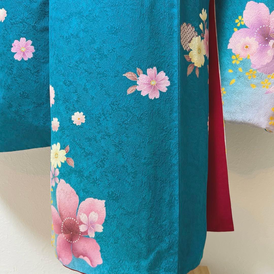 432 振袖フルセット 正絹 青緑 納戸色 桃 ブルーグリーン 銀彩 暈し染め