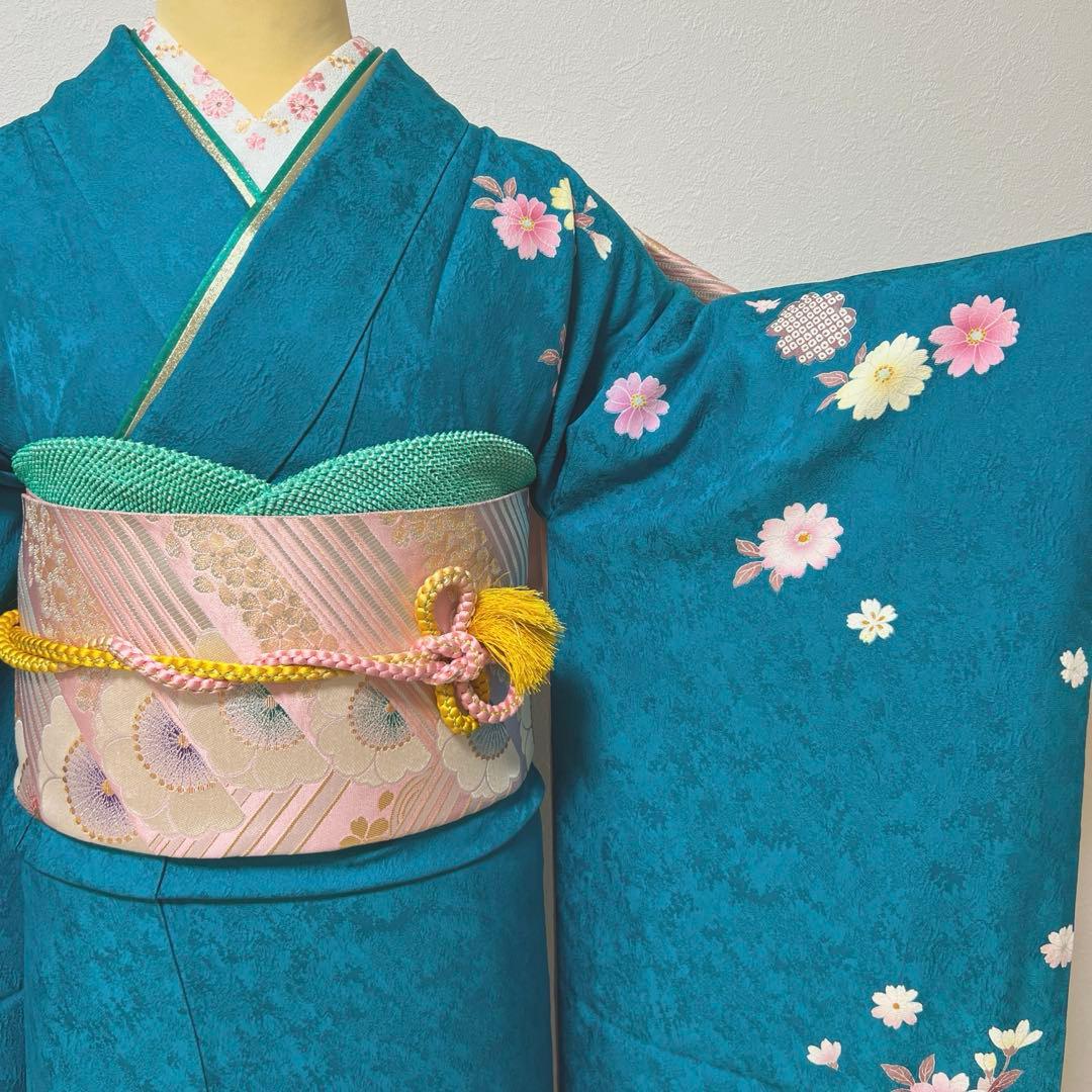 432 振袖フルセット 正絹 青緑 納戸色 桃 ブルーグリーン 銀彩 暈し染め