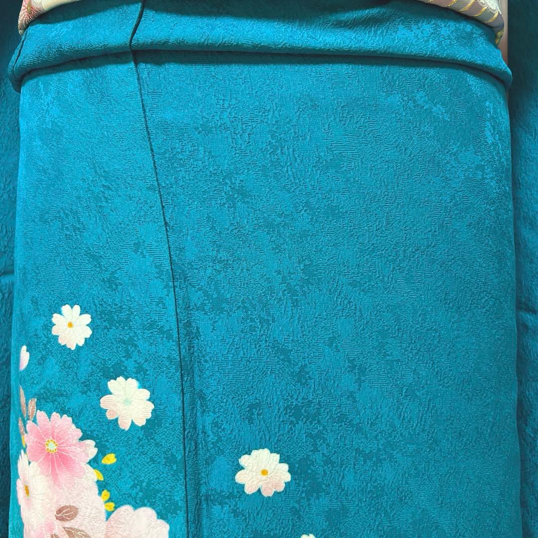 432 振袖フルセット 正絹 青緑 納戸色 桃 ブルーグリーン 銀彩 暈し染め