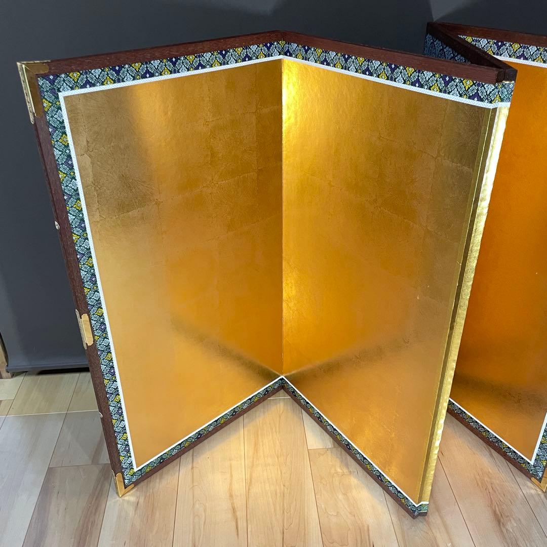 美品 豪華 金 屏風 衝立 パーテーション 慶事 一隻 四曲 四扇 旧家出物