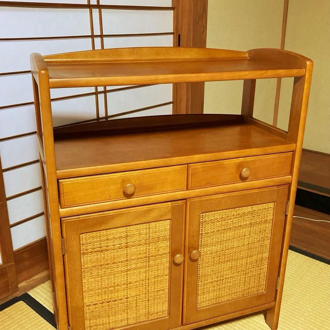 美品　オールドカリモク　ラタン　電話台　FAX台　キャビネット