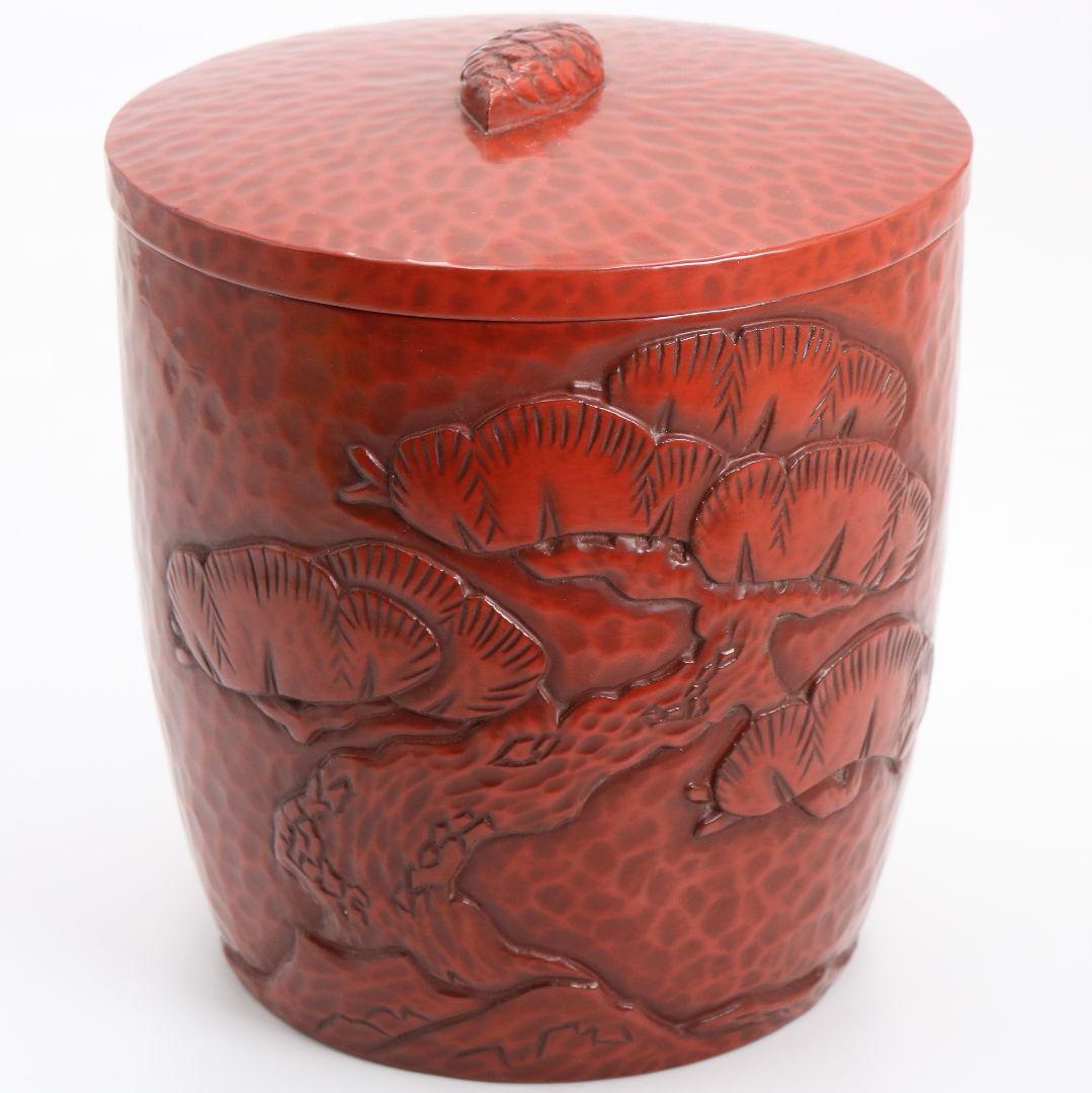 安達佐岳作 鎌倉彫 水指 松図 茶道具 共箱　C884