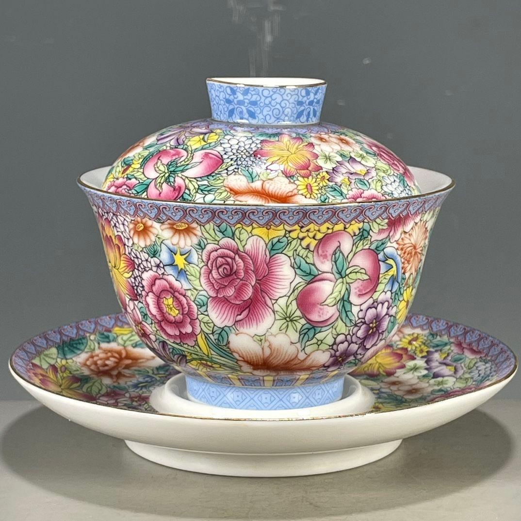 中国茶器 琅彩花卉図紋三才蓋碗 景徳镇 蓋付き茶器 飲茶食器 煎茶具 未使用品