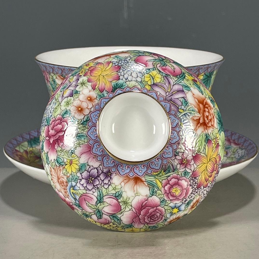 中国茶器 琅彩花卉図紋三才蓋碗 景徳镇 蓋付き茶器 飲茶食器 煎茶具 未使用品