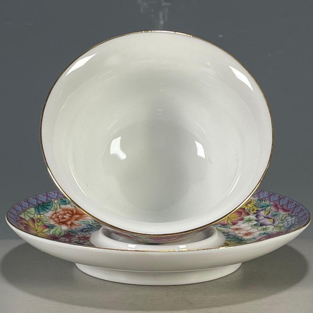 中国茶器 琅彩花卉図紋三才蓋碗 景徳镇 蓋付き茶器 飲茶食器 煎茶具 未使用品