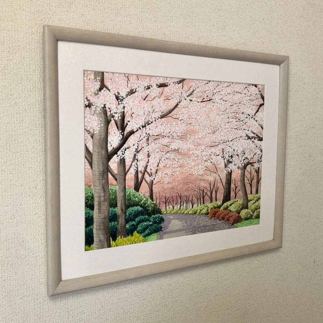 透明水彩画　原画　「桜の小径」額縁付　F6サイズ　風景画