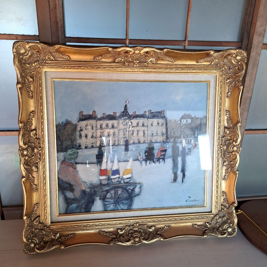 が*ゃ様 川田一　冬の風景 油彩画 金色フレーム