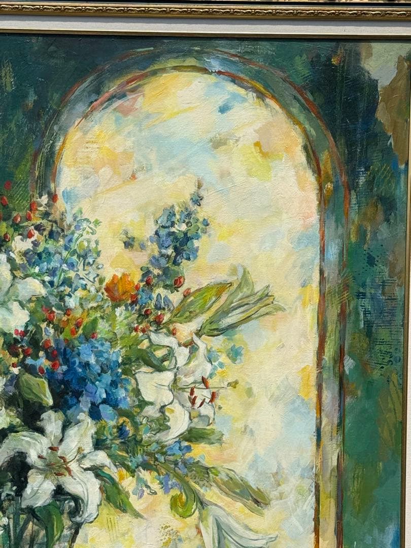 平野能子作　油彩絵　窓辺のボンボニエール　直筆　額装　P50号　送料込み0822